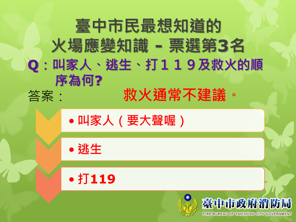 Q：叫家人、逃生、打119及救火的順序為何？